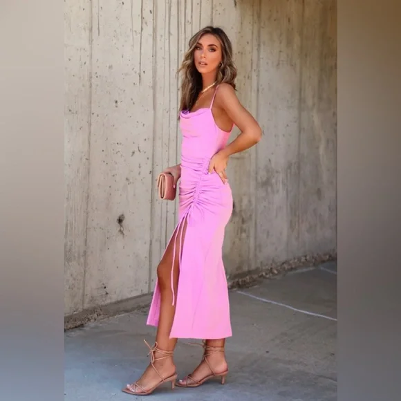 NWOT Pink Cowl Neck Ruched Dress Sz S Spring Summer Easter Wedding Vacation - Picture 4 of 8